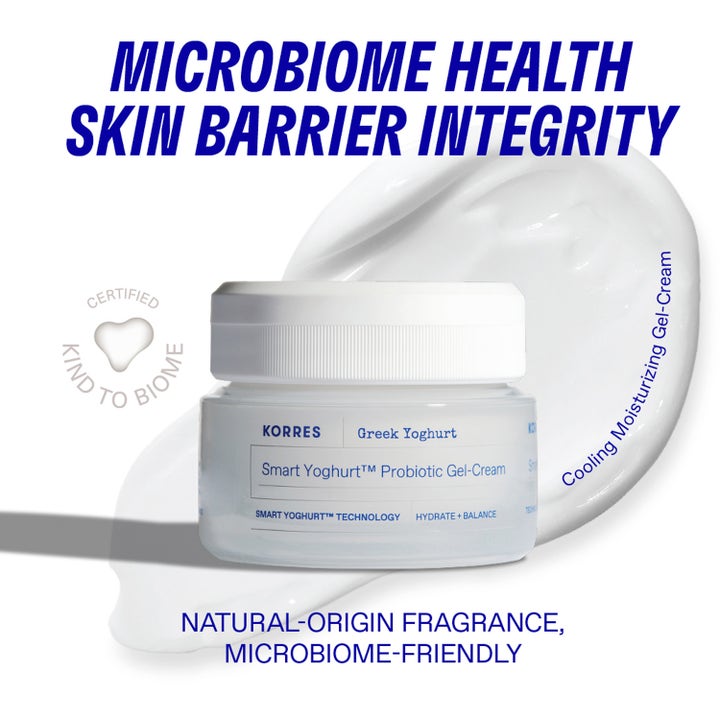 KORRES Smart Yoghurt Probiotic Gel-Cream 40 ml ansiktskräm i glasburk med krämig vit textur som ger fukt.
