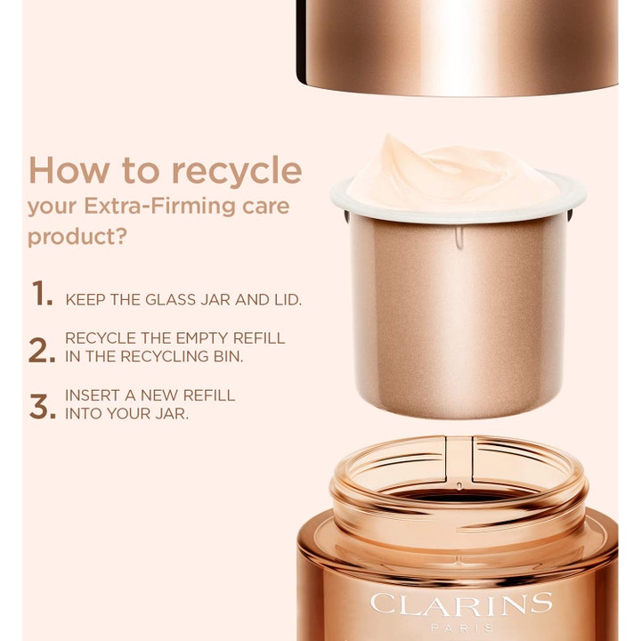 Clarins Extra-Firming nattkräm 50 ml ger anti age hudvård för slapp hud och visar burkens refill-system.