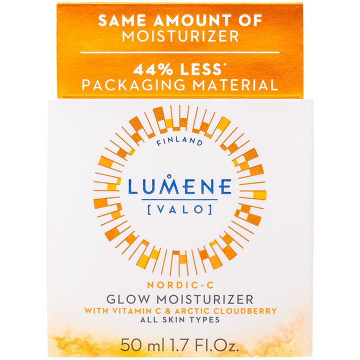Lumene Nordic-C Glow Moisturizer 50 ml lysterkrävande c-vitamin ansiktskräm i vit och orange ytterförpackning.