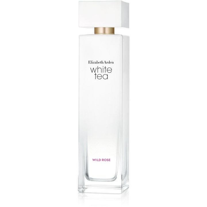Elizabeth Arden White Tea Wild Rose 100 ml blommig rosparfym i hög vit glasflaska med rosa text och vitt lock