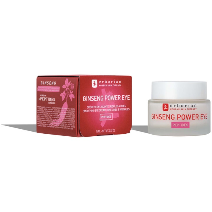 Erborian Ginseng Power Eye 15 ml utjämnande ögonkräm med peptider i röd ytterförpackning och frostad glasburk