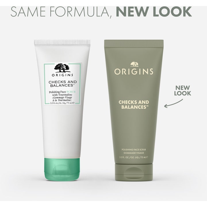 Origins Checks and Balances Polishing Face Scrub 75 ml tourmalinskrubb i vit och olivgrön tub med ny design