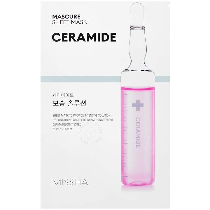 Missha Mascure Sheet Mask Ceramide 28 ml som stärker hudbarriären i vit förpackning prydd med en rosa ampull