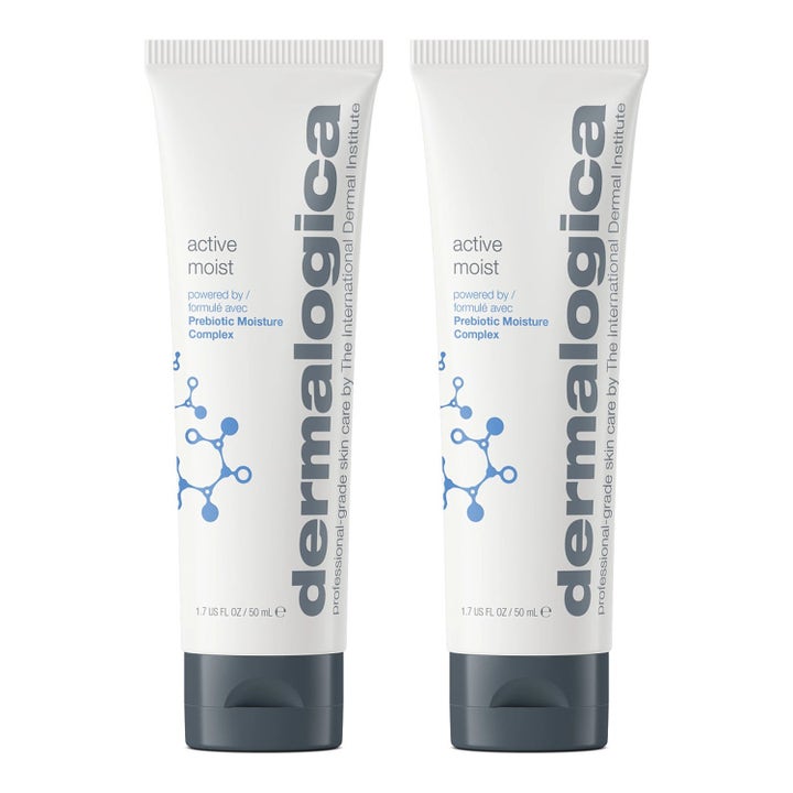Dermalogica Active Moist 50 ml återfuktande ansiktskräm i två vita plasttuber med gråa lock och blå grafik.