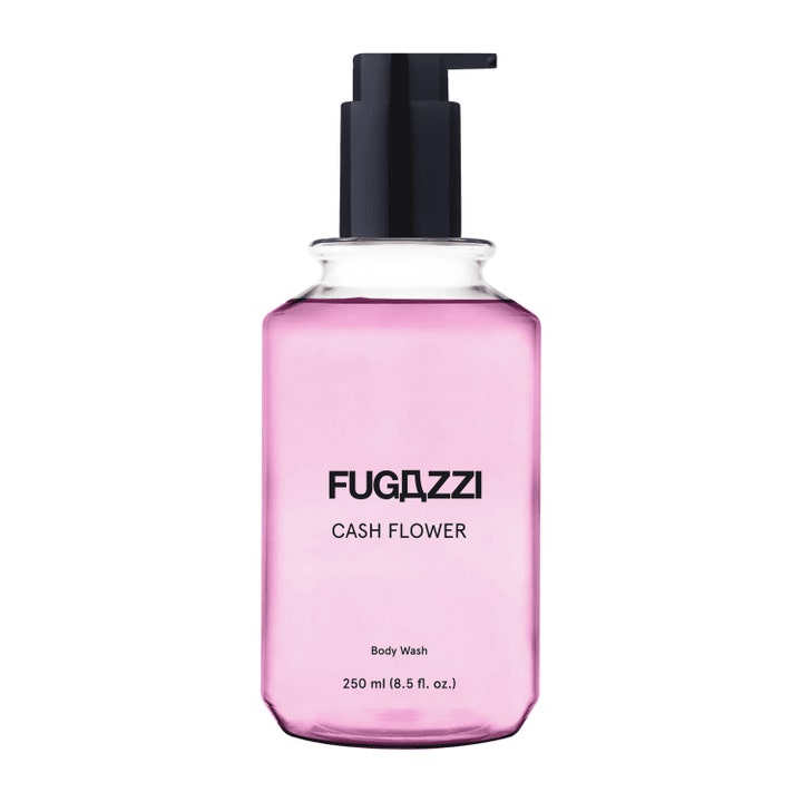 Fugazzi Cash Flower 250 ml rengörande body wash i genomskinlig flaska med rosa vätska och svart pump.