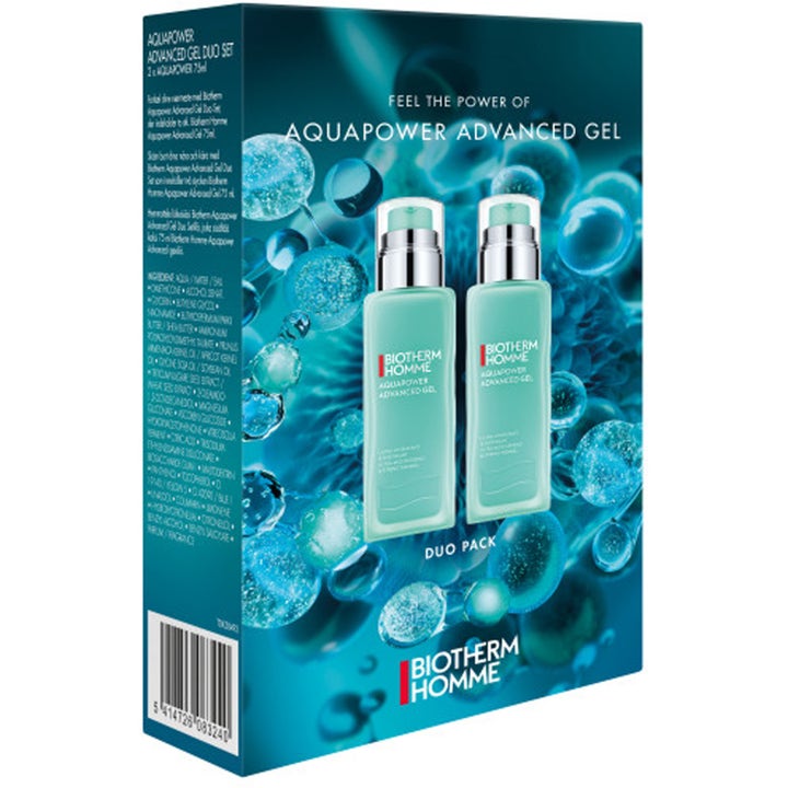 Biotherm Homme Aquapower Advanced Gel 2x75 ml återfuktande ansiktsgel i duo-box med turkosa flaskor.