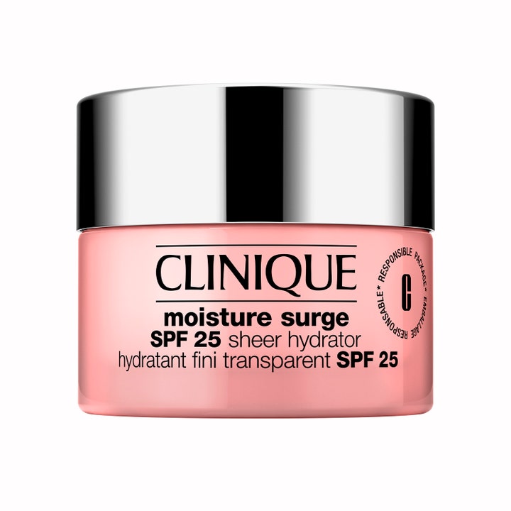 Clinique Moisture Surge SPF 25 Sheer Hydrator återfuktande ansiktskräm i rosa burk med blankt silverlock