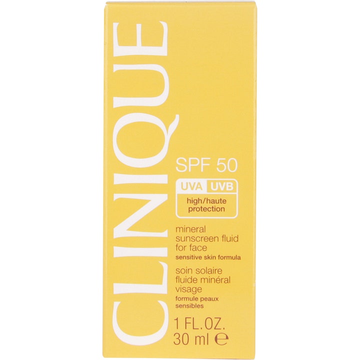 Clinique SPF50 Mineral Sunscreen Face 30 ml solskydd för känslig hy i en gul rektangulär ytterförpackning av papp.